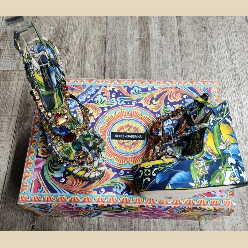 Dolce & Gabbana Multicolor Rhinestone Blue Floral Platform Wedge Sandal 6 1/2 - Picture 4 of 11